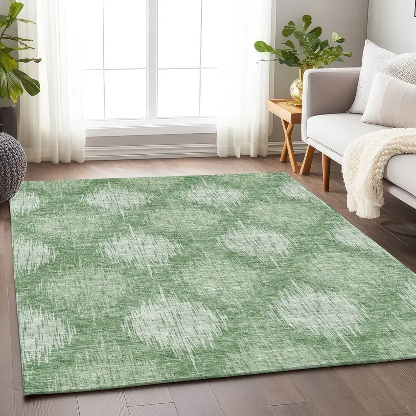 Mint Green And Ivory Ikat Washable Area Rug With UV Protection Photo 6