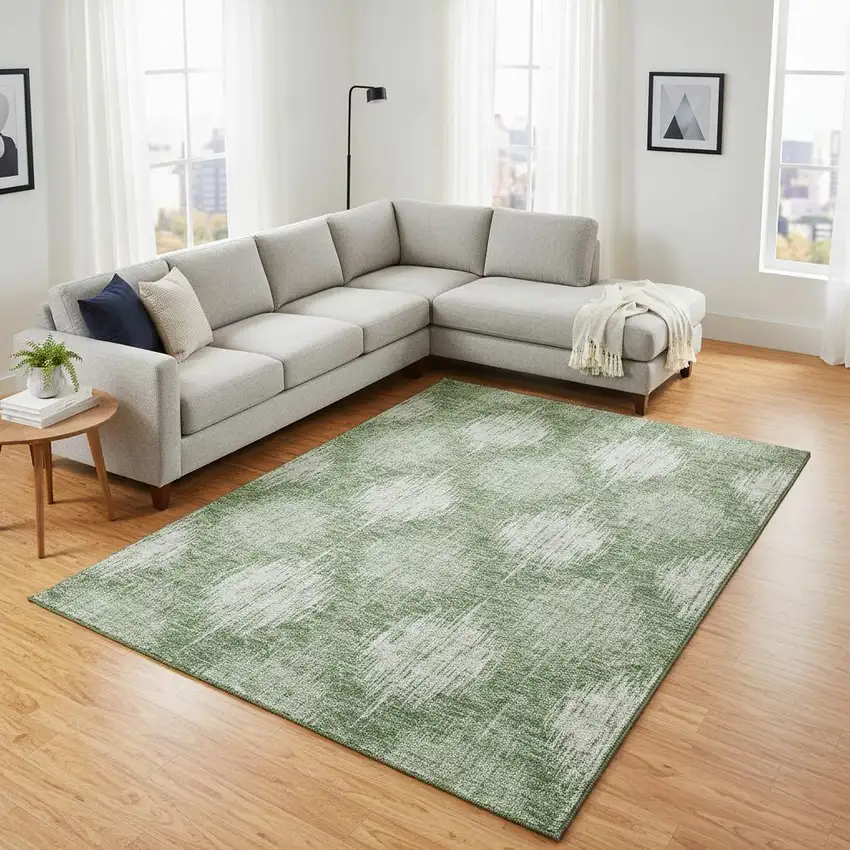 Mint Green And Ivory Ikat Washable Area Rug With UV Protection Photo 2