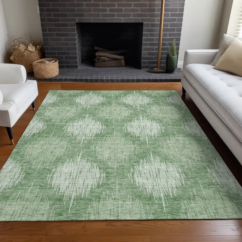 Mint Green And Ivory Ikat Washable Area Rug With UV Protection Photo 4