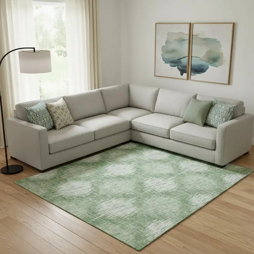 Mint Green And Ivory Ikat Washable Area Rug With UV Protection Photo 1