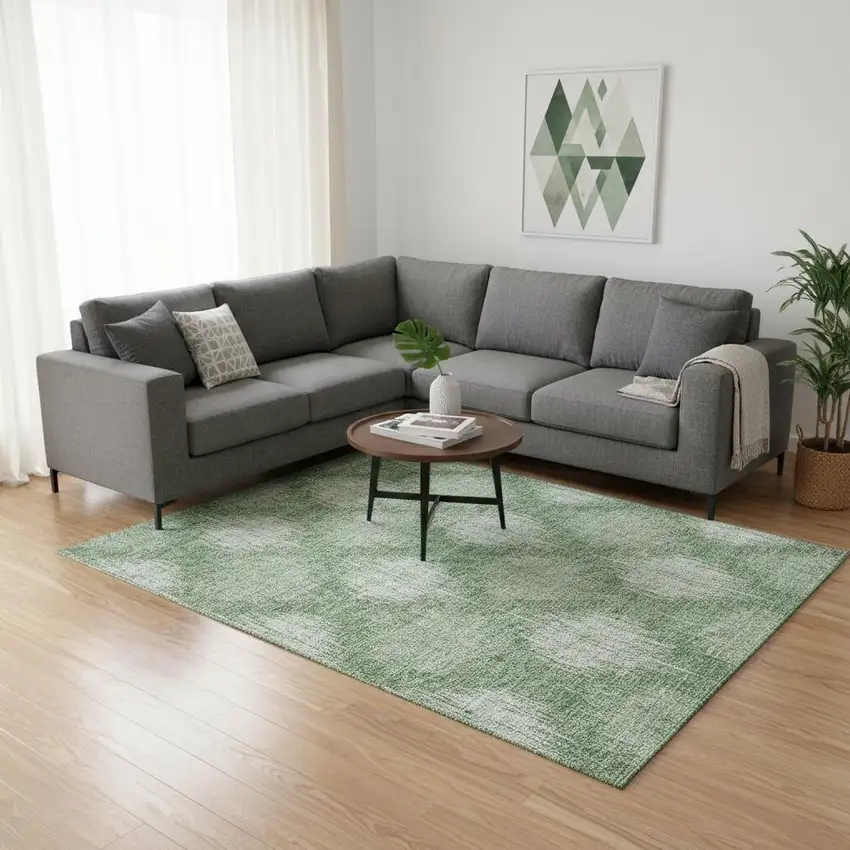 Mint Green And Ivory Ikat Washable Area Rug With UV Protection Photo 2