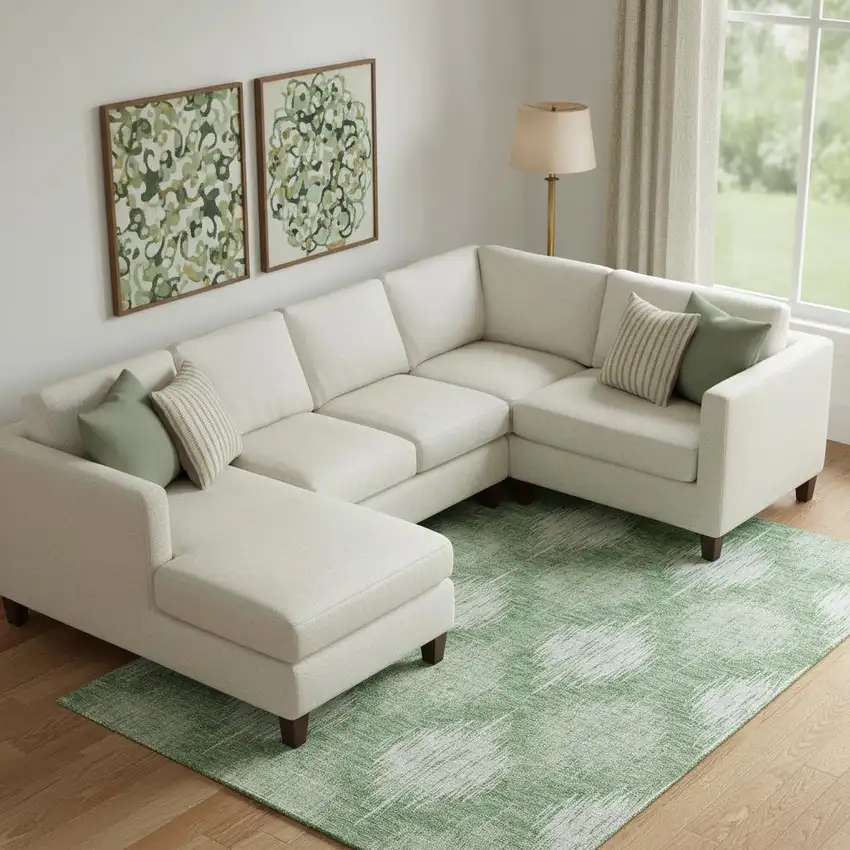 Mint Green And Ivory Ikat Washable Area Rug With UV Protection Photo 1