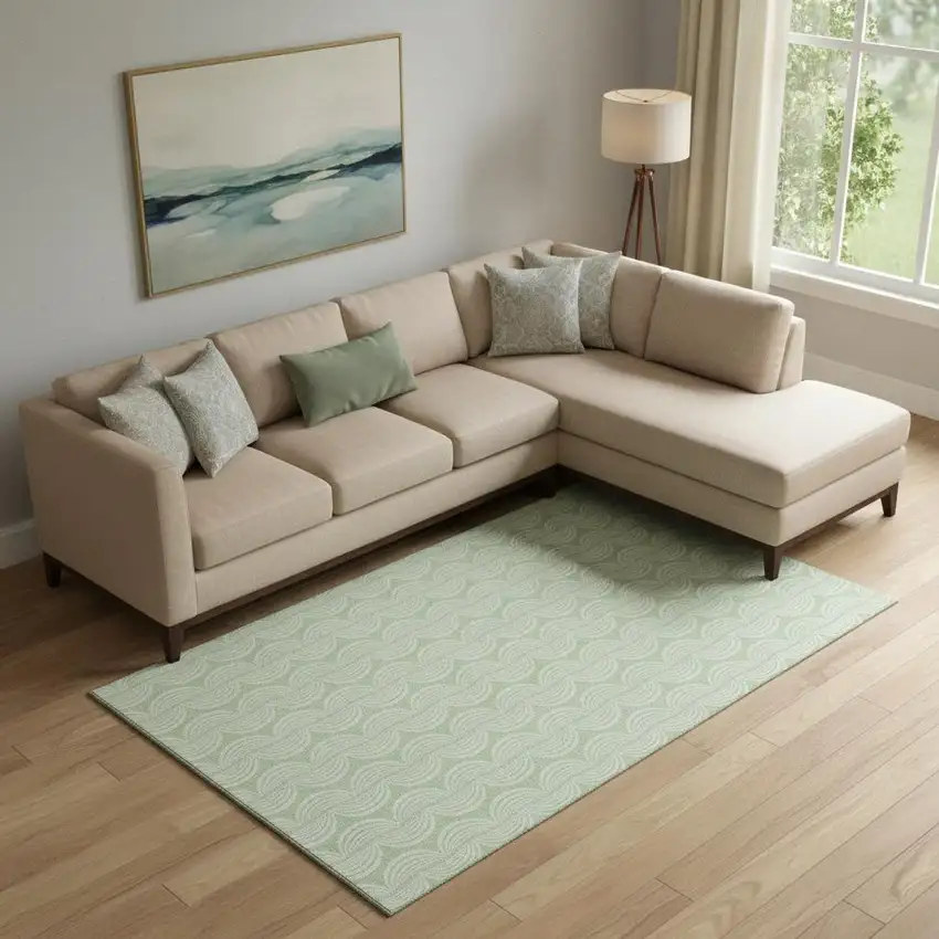 Mint Green And Ivory Ogee Washable Area Rug With UV Protection Photo 2