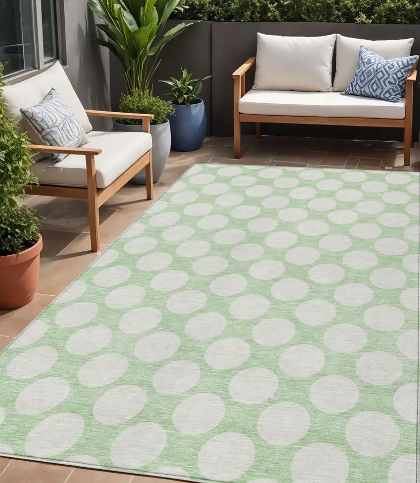 Mint Green And Ivory Polka Dot Washable Indoor Outdoor Area Rug Photo 1