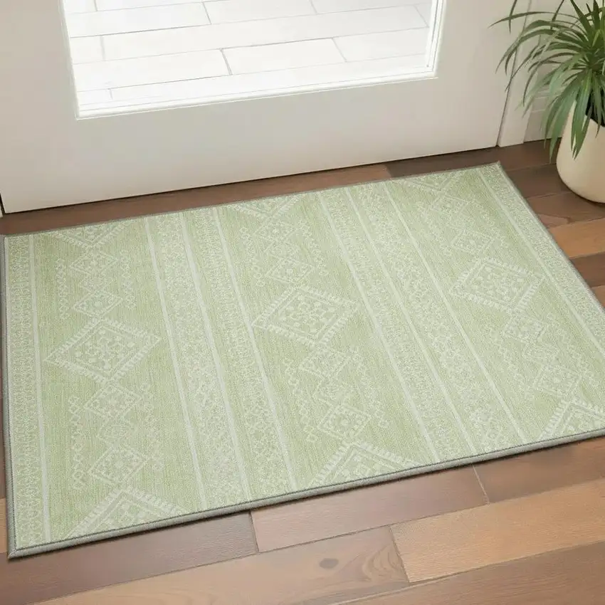 Mint Green And Ivory Southwestern Washable Area Rug With UV Protection Photo 2