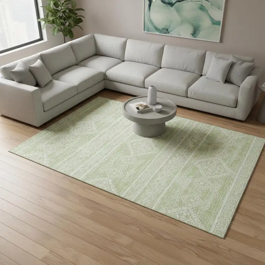 Mint Green And Ivory Southwestern Washable Area Rug With UV Protection Photo 2