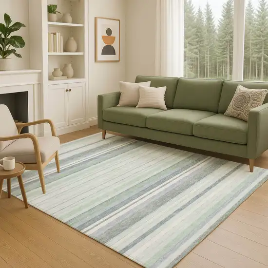 Mint Green And Ivory Striped Washable Indoor Outdoor Area Rug Photo 9