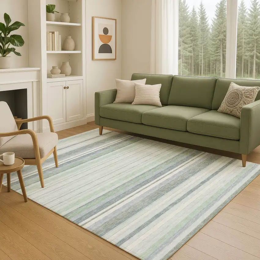 Mint Green And Ivory Striped Washable Indoor Outdoor Area Rug Photo 9