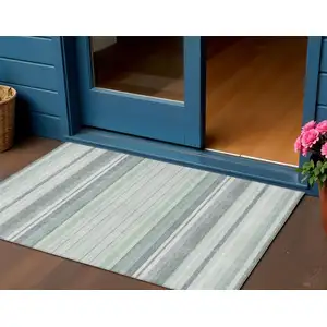 Photo of Mint Green And Ivory Striped Washable Indoor Outdoor Area Rug
