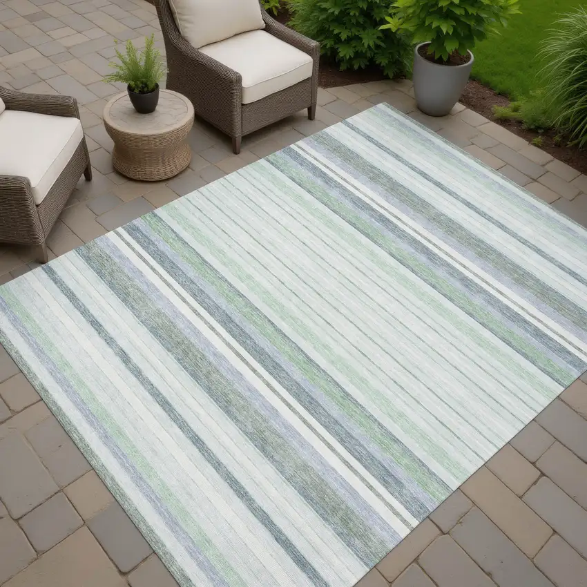 Mint Green And Ivory Striped Washable Indoor Outdoor Area Rug Photo 7