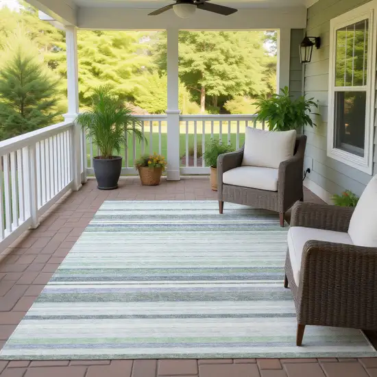 Mint Green And Ivory Striped Washable Indoor Outdoor Area Rug Photo 9