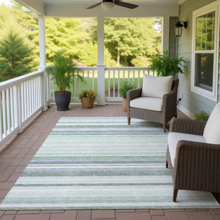 Mint Green And Ivory Striped Washable Indoor Outdoor Area Rug Photo 9