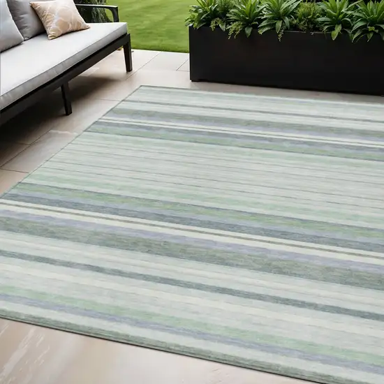Mint Green And Ivory Striped Washable Indoor Outdoor Area Rug Photo 1