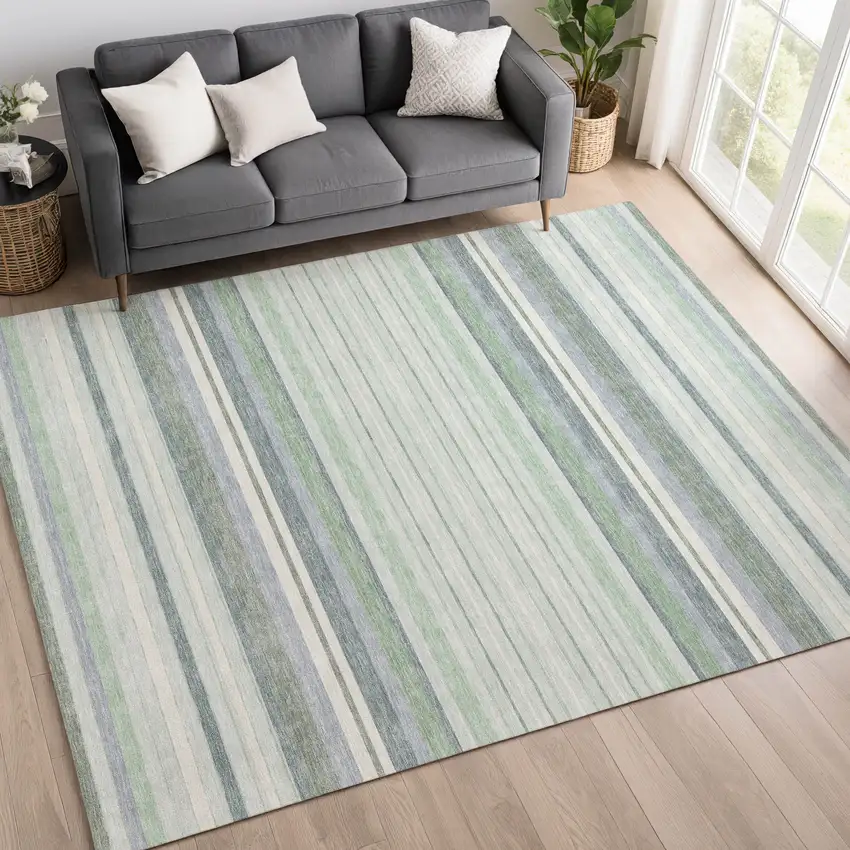 Mint Green And Ivory Striped Washable Indoor Outdoor Area Rug Photo 9