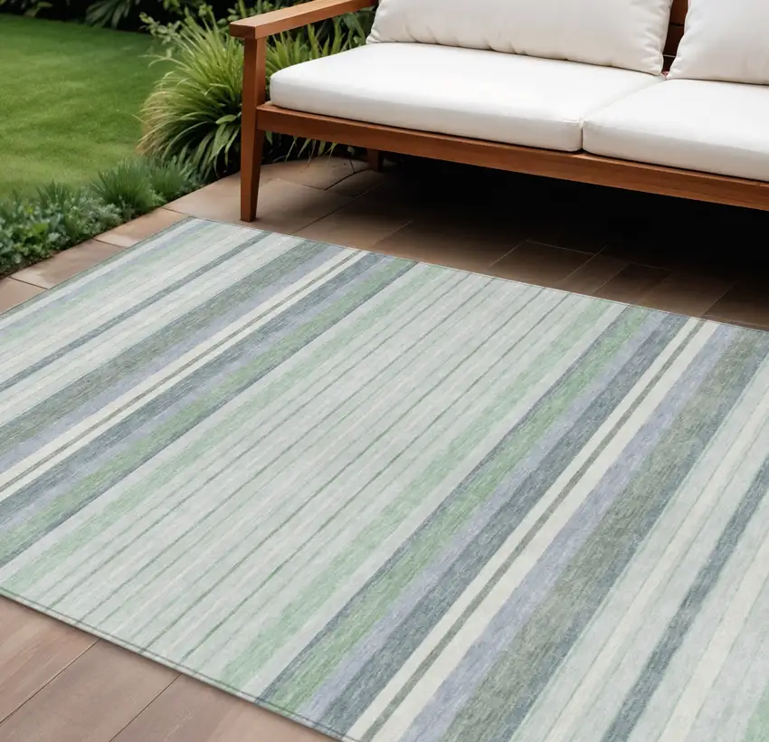 Mint Green And Ivory Striped Washable Indoor Outdoor Area Rug Photo 1