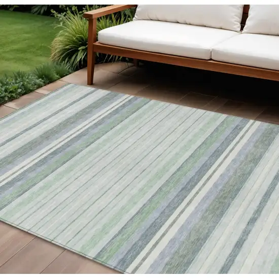 Mint Green And Ivory Striped Washable Indoor Outdoor Area Rug Photo 1