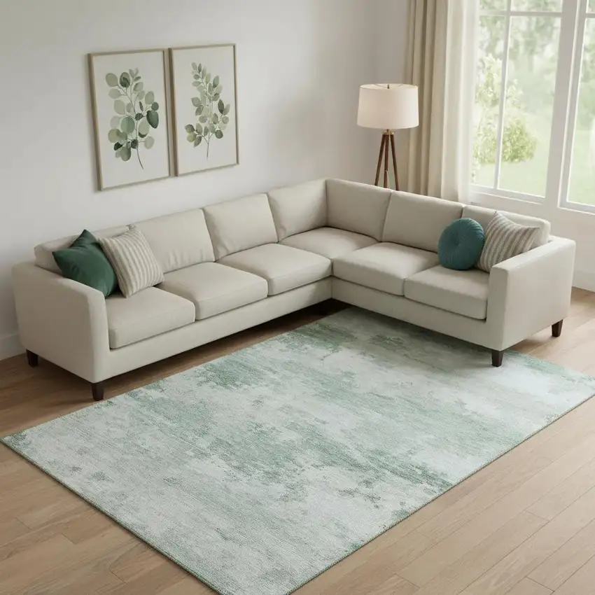 Mint Green And Pale Aqua Abstract Washable Area Rug With UV Protection Photo 2