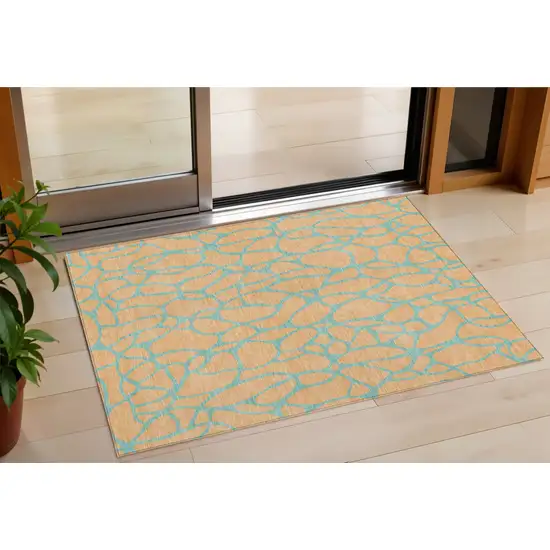 Mint Green And Peach Geometric Washable Indoor Outdoor Area Rug Photo 1