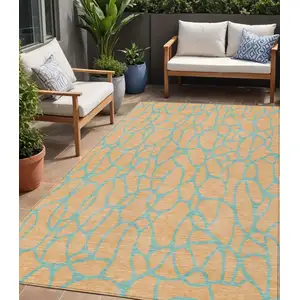 Photo of Mint Green And Peach Geometric Washable Indoor Outdoor Area Rug