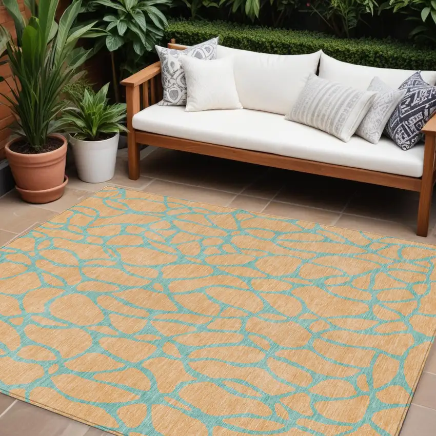 Mint Green And Peach Geometric Washable Indoor Outdoor Area Rug Photo 1