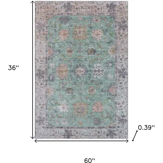 Mint Green And Peach Oriental Washable Area Rug With UV Protection Photo 9