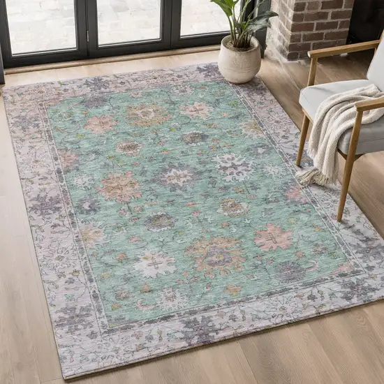 Mint Green And Peach Oriental Washable Area Rug With UV Protection Photo 5