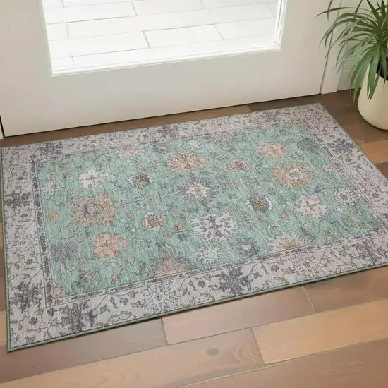 Mint Green And Peach Oriental Washable Area Rug With UV Protection Photo 2