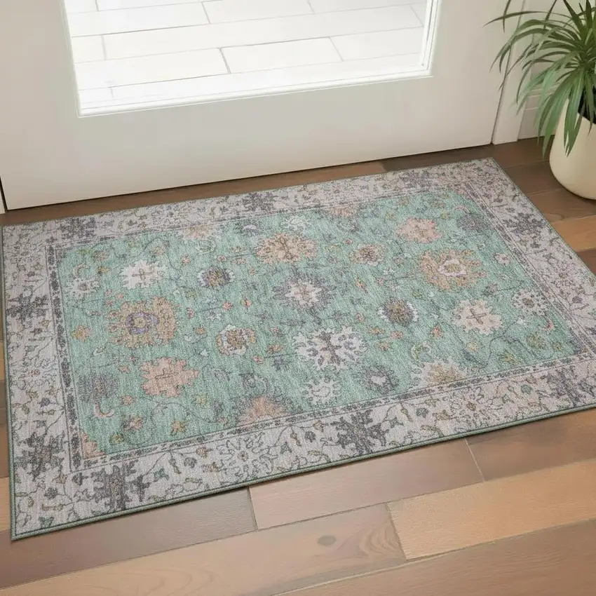 Mint Green And Peach Oriental Washable Area Rug With UV Protection Photo 2