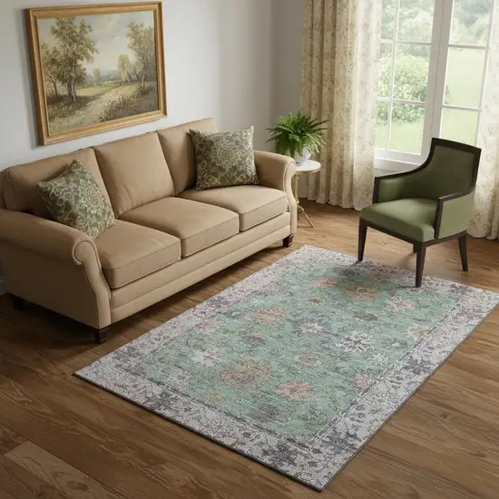Mint Green And Peach Oriental Washable Area Rug With UV Protection Photo 2