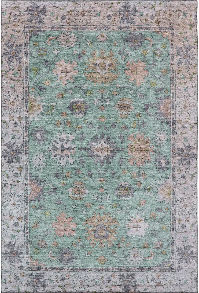 Mint Green And Peach Oriental Washable Area Rug With UV Protection Photo 4