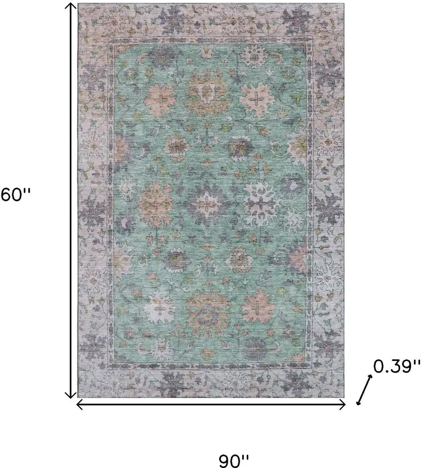 Mint Green And Peach Oriental Washable Area Rug With UV Protection Photo 9