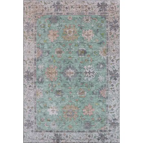 Mint Green And Peach Oriental Washable Area Rug With UV Protection Photo 1