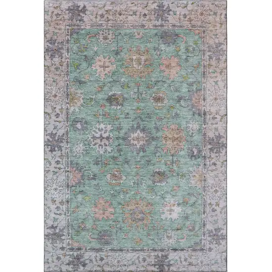 Mint Green And Peach Oriental Washable Area Rug With UV Protection Photo 4