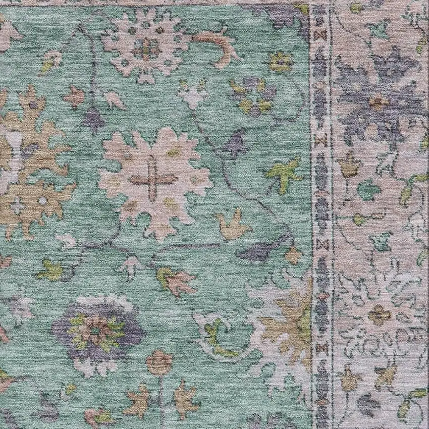 Mint Green And Peach Oriental Washable Area Rug With UV Protection Photo 3