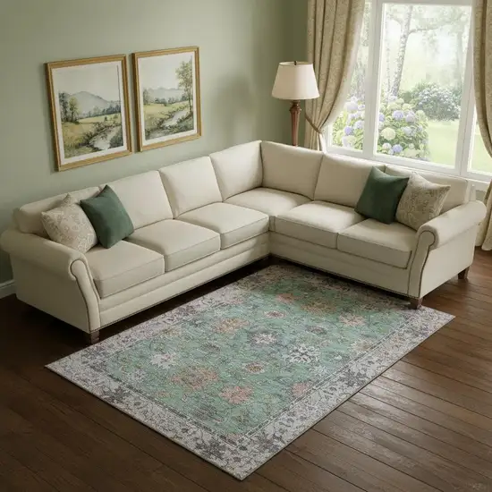 Mint Green And Peach Oriental Washable Area Rug With UV Protection Photo 2