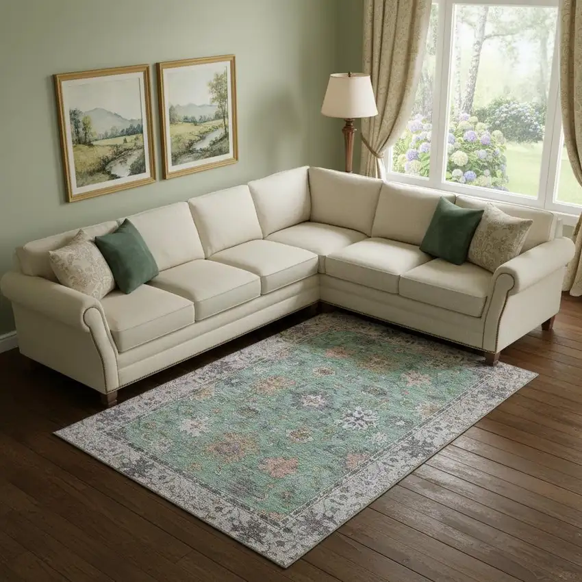 Mint Green And Peach Oriental Washable Area Rug With UV Protection Photo 2