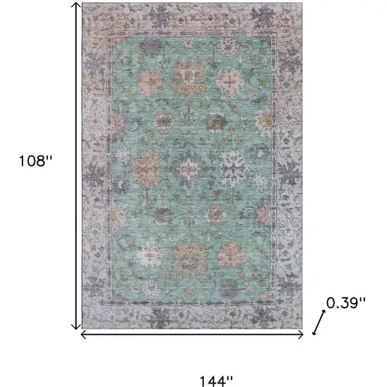 Mint Green And Peach Oriental Washable Area Rug With UV Protection Photo 9