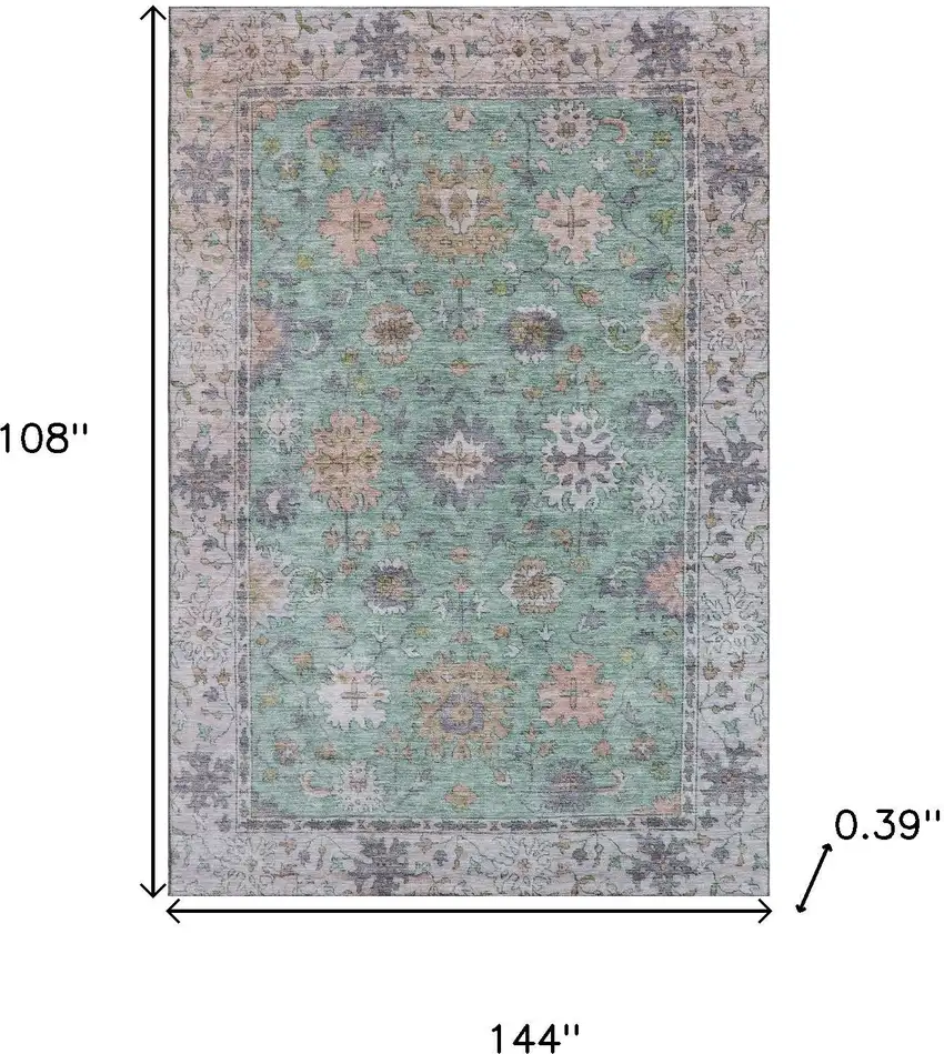 Mint Green And Peach Oriental Washable Area Rug With UV Protection Photo 9