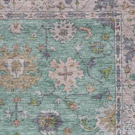 Mint Green And Peach Oriental Washable Area Rug With UV Protection Photo 3