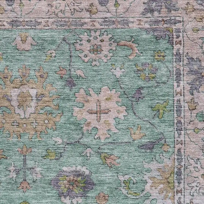 Mint Green And Peach Oriental Washable Area Rug With UV Protection Photo 3