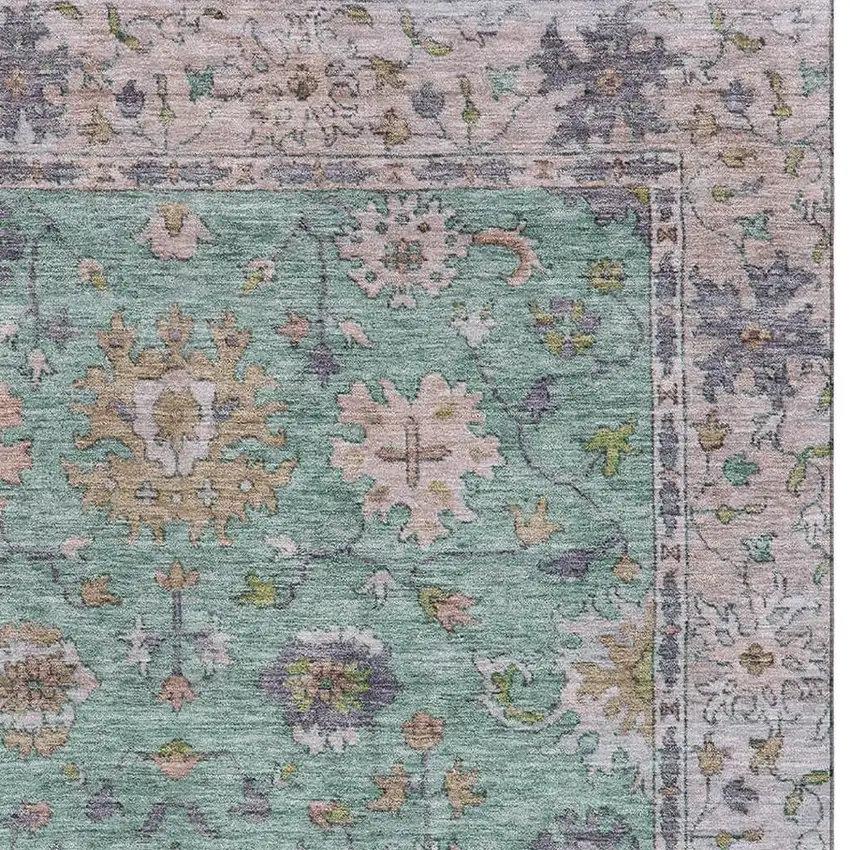 Mint Green And Peach Oriental Washable Area Rug With UV Protection Photo 4