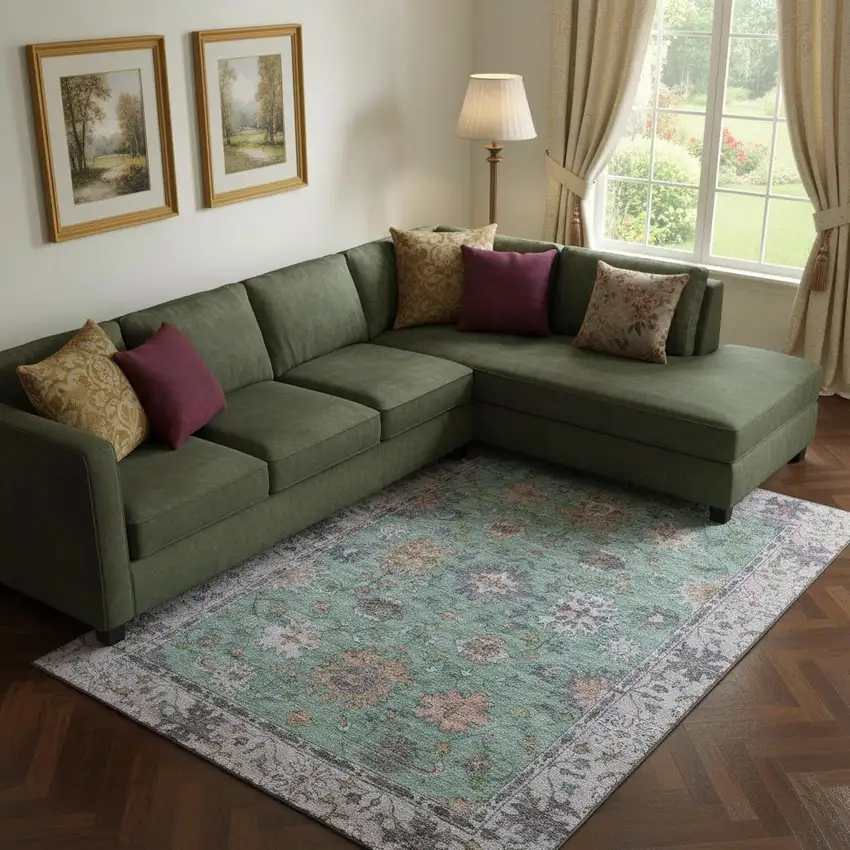 Mint Green And Peach Oriental Washable Area Rug With UV Protection Photo 2