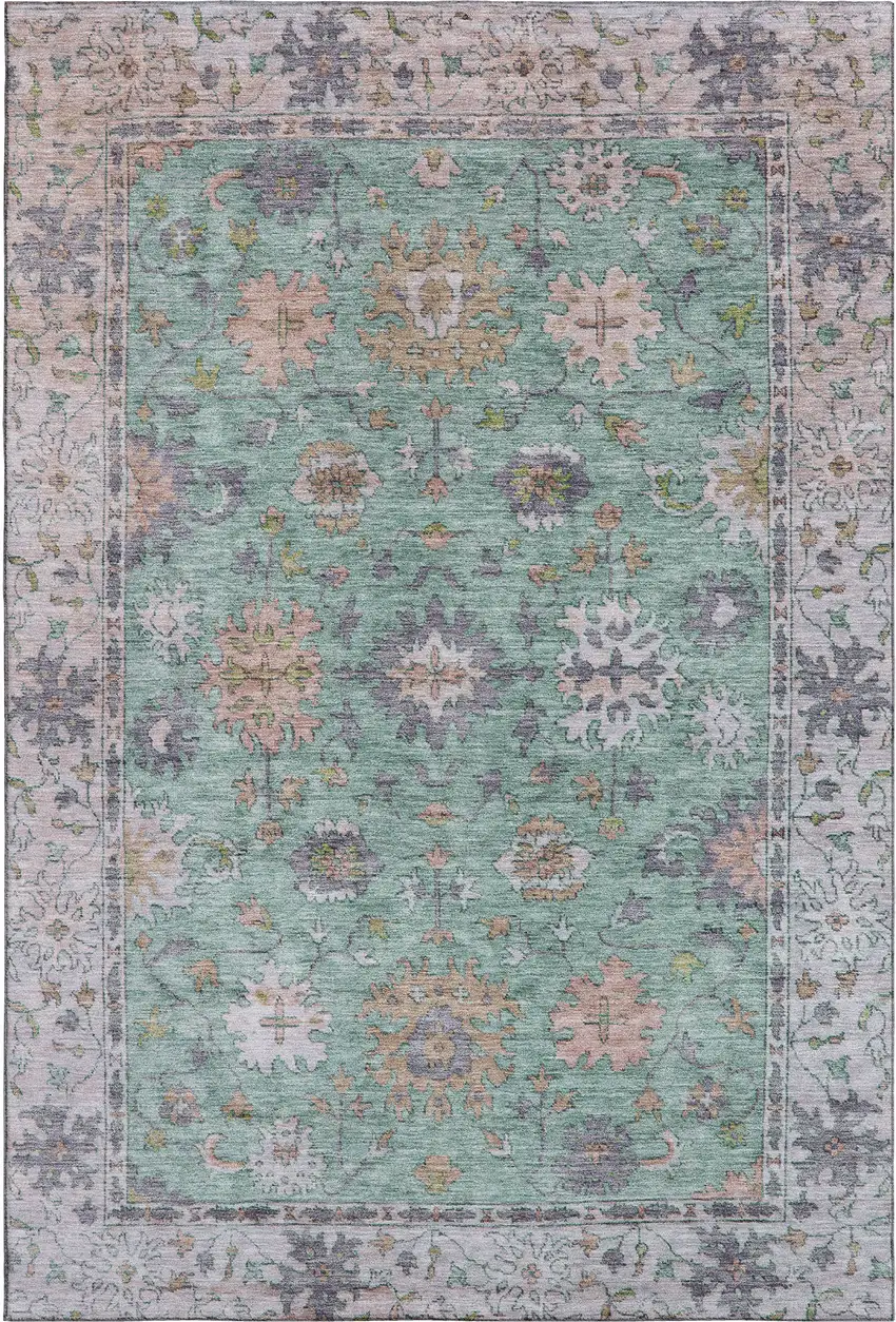 Mint Green And Peach Oriental Washable Area Rug With UV Protection Photo 1