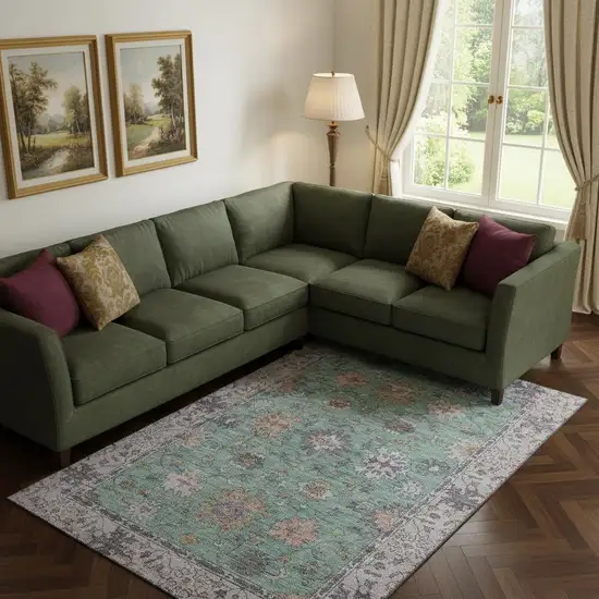 Mint Green And Peach Oriental Washable Area Rug With UV Protection Photo 2