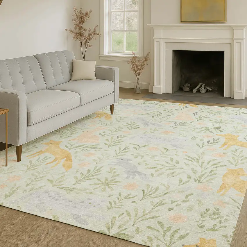 Mint Green And Pink Botanical Leaves Washable Indoor Outdoor Area Rug Photo 6