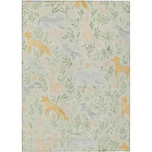 Photo of Mint Green And Pink Botanical Leaves Washable Indoor Outdoor Area Rug