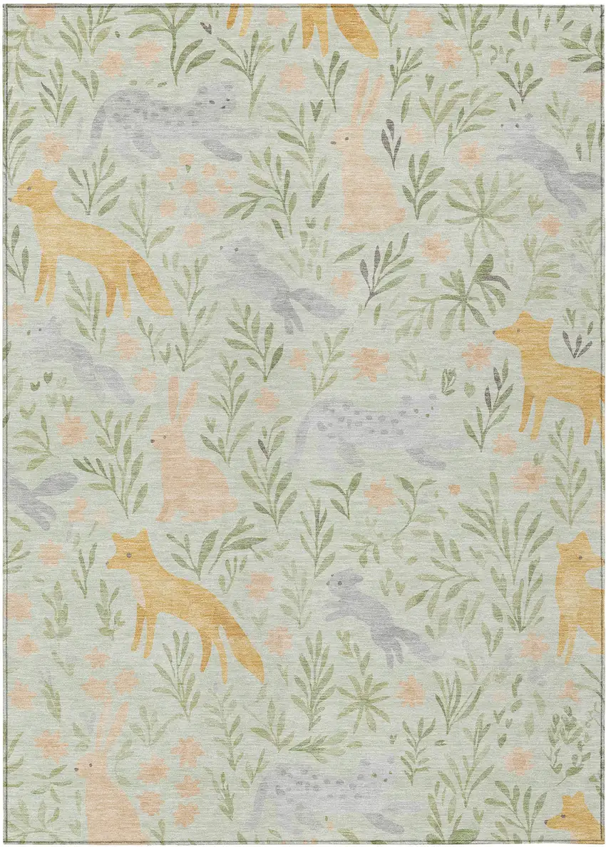 Mint Green And Pink Botanical Leaves Washable Indoor Outdoor Area Rug Photo 1