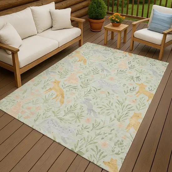 Mint Green And Pink Botanical Leaves Washable Indoor Outdoor Area Rug Photo 7