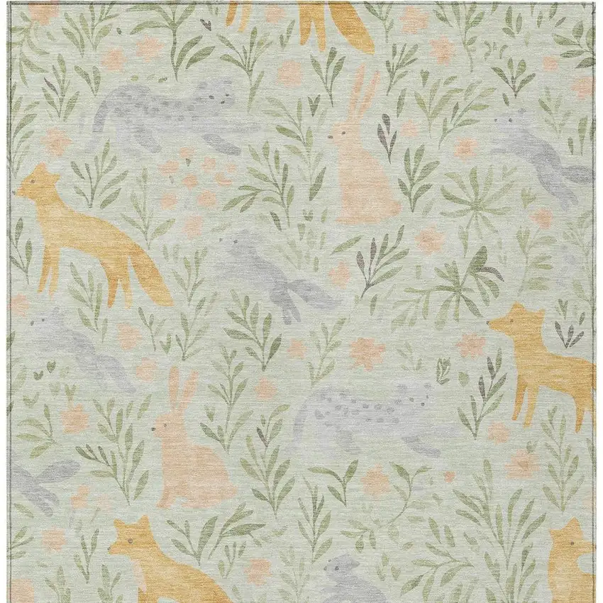 Mint Green And Pink Botanical Leaves Washable Indoor Outdoor Area Rug Photo 3