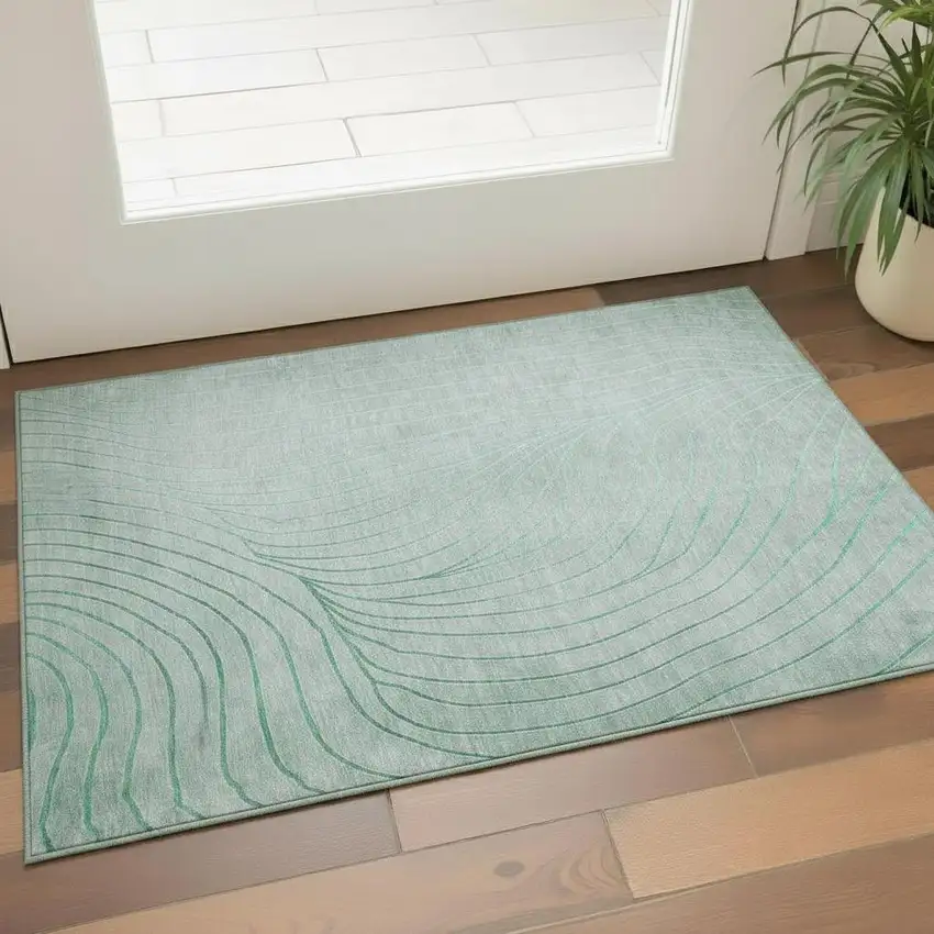 Mint Green And Silver Abstract Washable Area Rug With UV Protection Photo 2